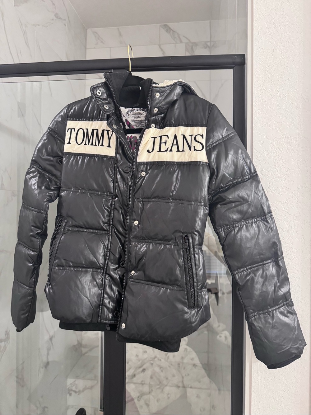 Tommy Hilfiger Black Shiny Puffer Jacket with Contrast Chest Panels